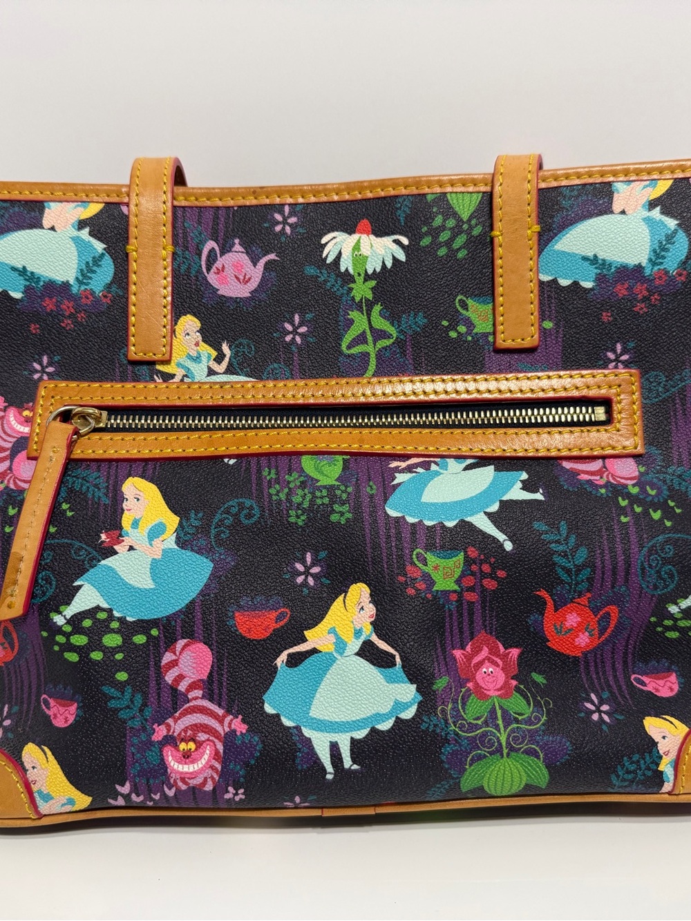 Dooney & Bourke Navy Alice Print Tote with Tan Trim - Picture 6 of 16